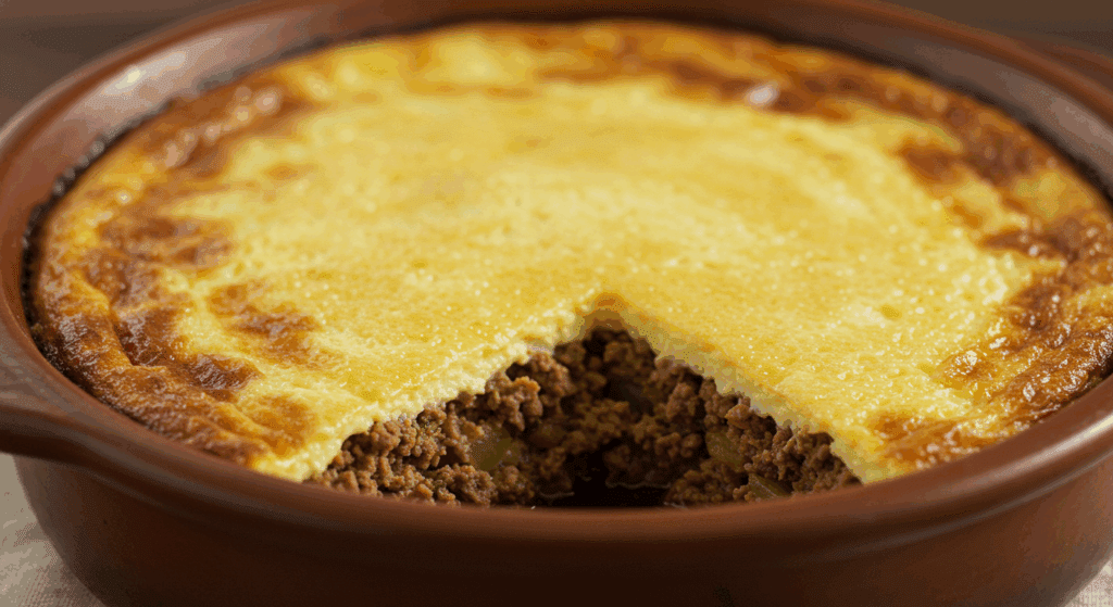 Bobotie spiced minced meat (usually lamb or beef) with an egg custard topping (Southern Africa)
