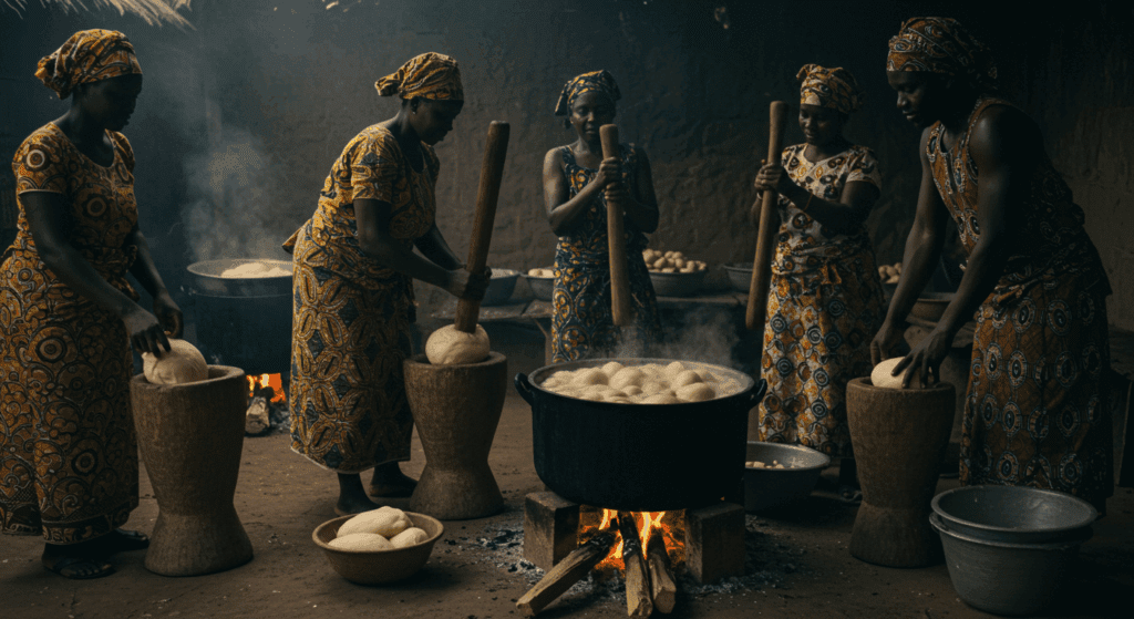 Fufu boiling and pounding starchy foods like cassava, yams. (West & Central Africa)