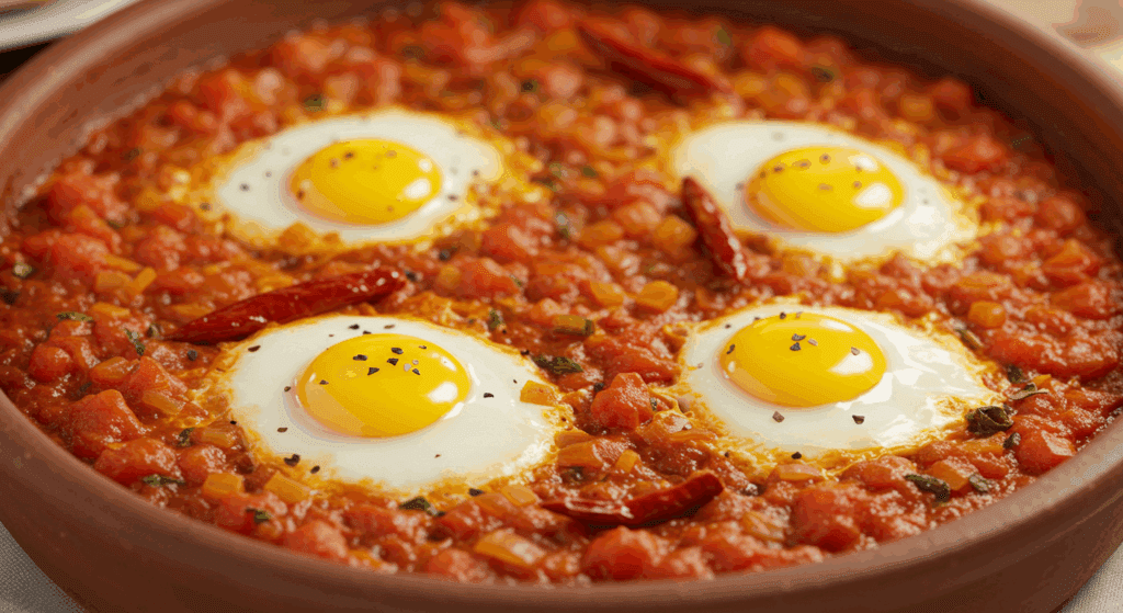 Shakshuka stunning dish of eggs poached in a simmering sauce of tomatoes, chili peppers, onions, and spices.