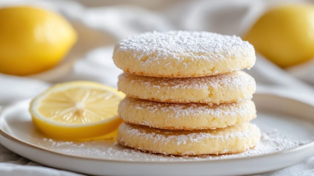 A close-up photo of stacked lemon ricotta cookies.