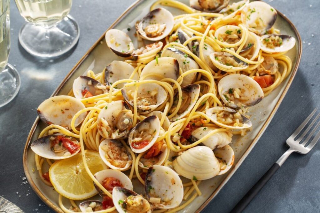 A pasta dish with clams.